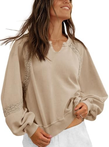 Fisoew Womens Oversized Sweatshirt Casual V Neck Lace Lantern Long Sleeve Cropped Loose Fit Fall ... | Amazon (US)