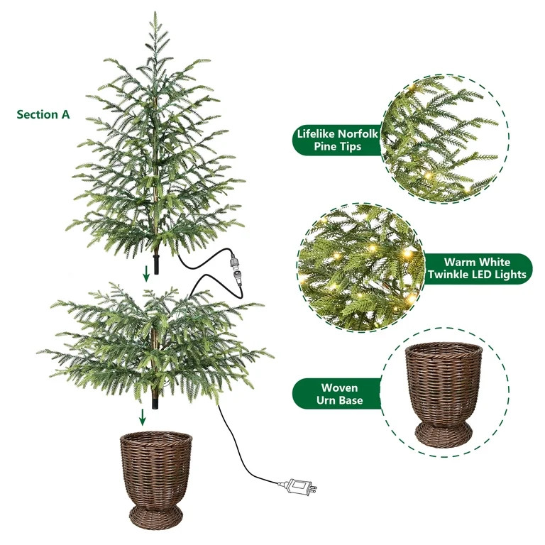 My Texas House 4ft Green Pre-lit Norfolk Pine Potted Christmas Tree, 100 Twinkle LED | Walmart (US)