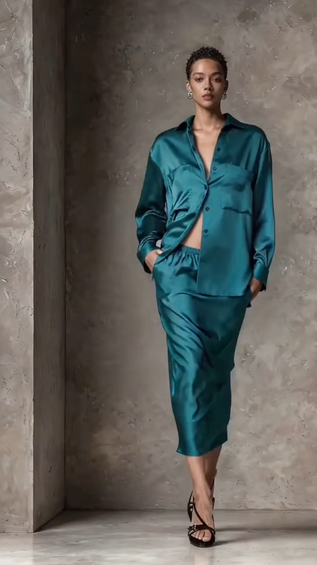 Luxurious teal satin shirt and midi skirt set delivering sleek high-end minimalist style ✨ 

 #LTKootd #LTKOver40 #LTKWorkwear