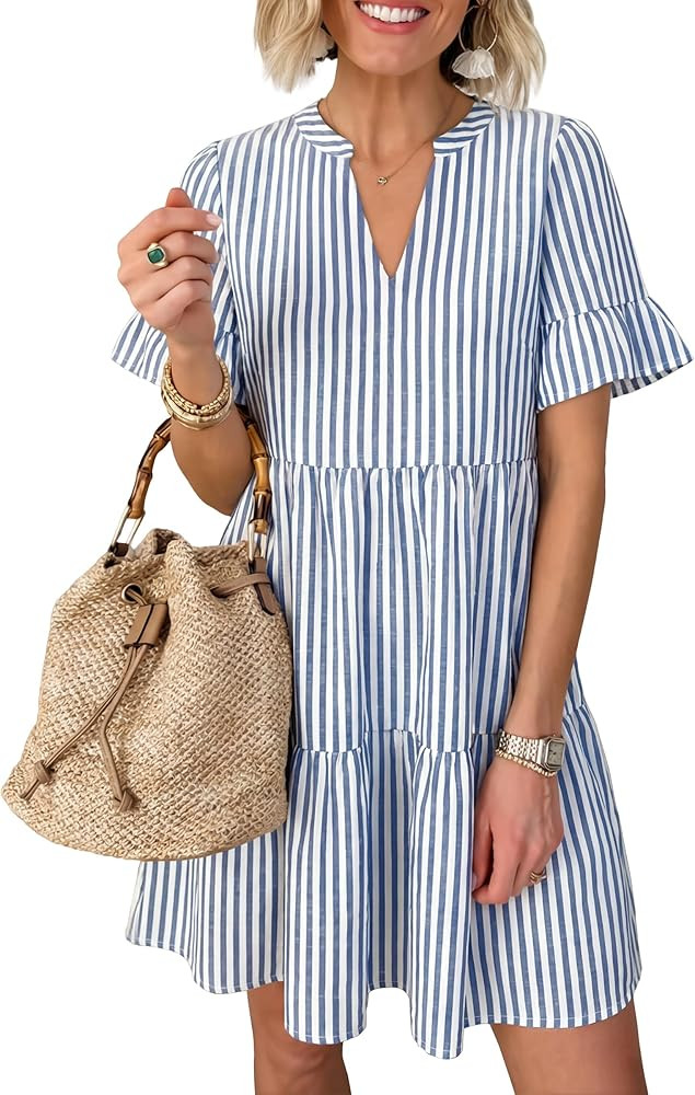 Caracilia Dresses for Women Summer 2026 Striped V Neck Ruffle Sleeve A Line Tiered Flowy Casual M... | Amazon (US)