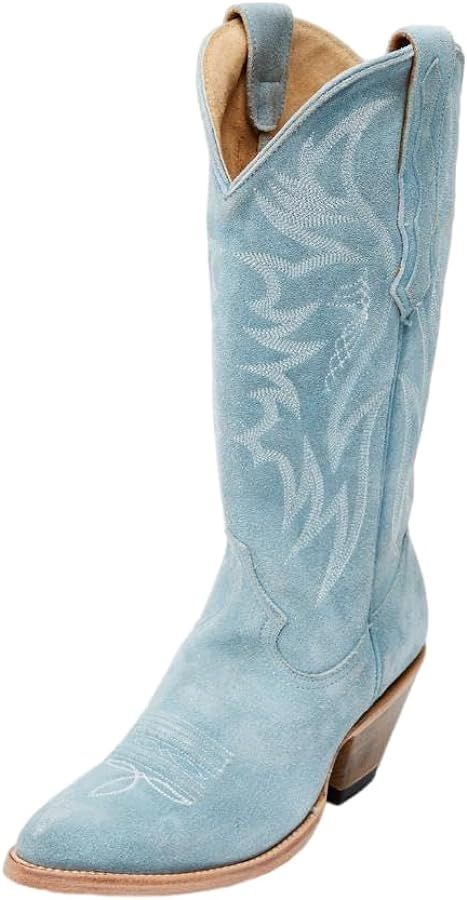 Women Cowboy Boots Faux Suede Embroidered Pointed Thick Heeled Western Wide Calf Cowgirl Ponited ... | Amazon (US)