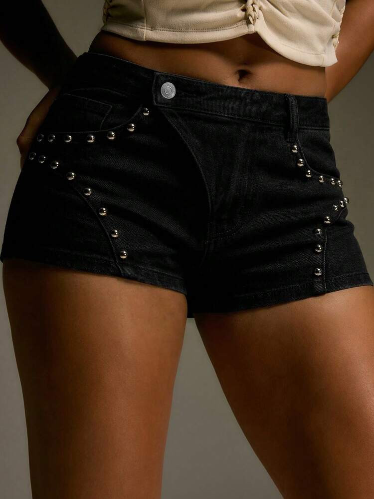 MUSERA Mid Rise Studded Denim Shorts Western Country Streetwear Festival Elegant Y2k Sexy Cute 90... | SHEIN