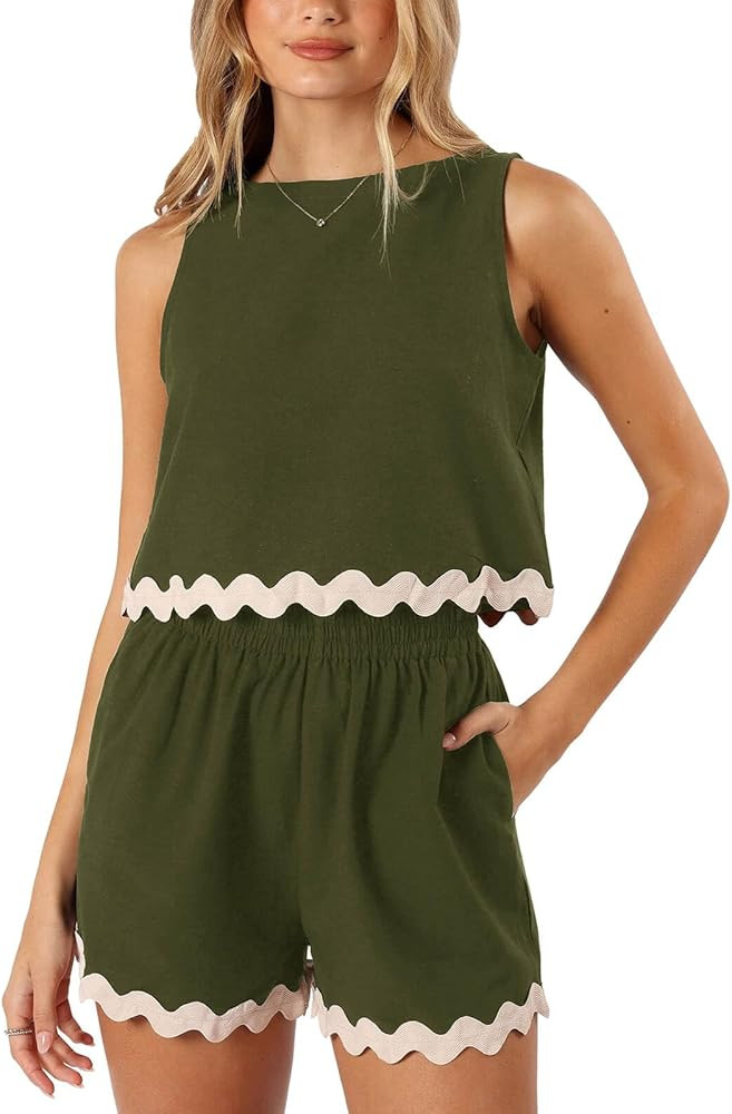 Tankaneo Womens 2 Piece Vacation Outfits Lounge Sets Casual Cropped Tank Tops Shorts Matching Set | Amazon (US)