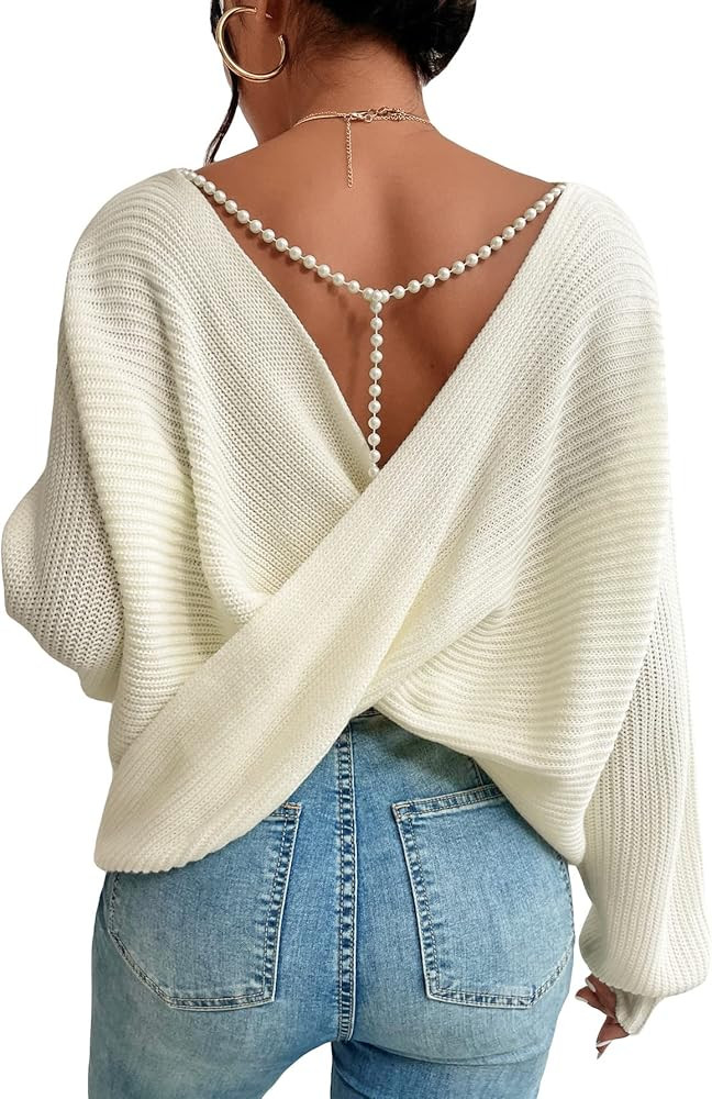 MakeMeChic Women's Pearls Chain Twist Open Back Boat Neck Long Sleeve Sweater Pullover Top Beige ... | Amazon (US)