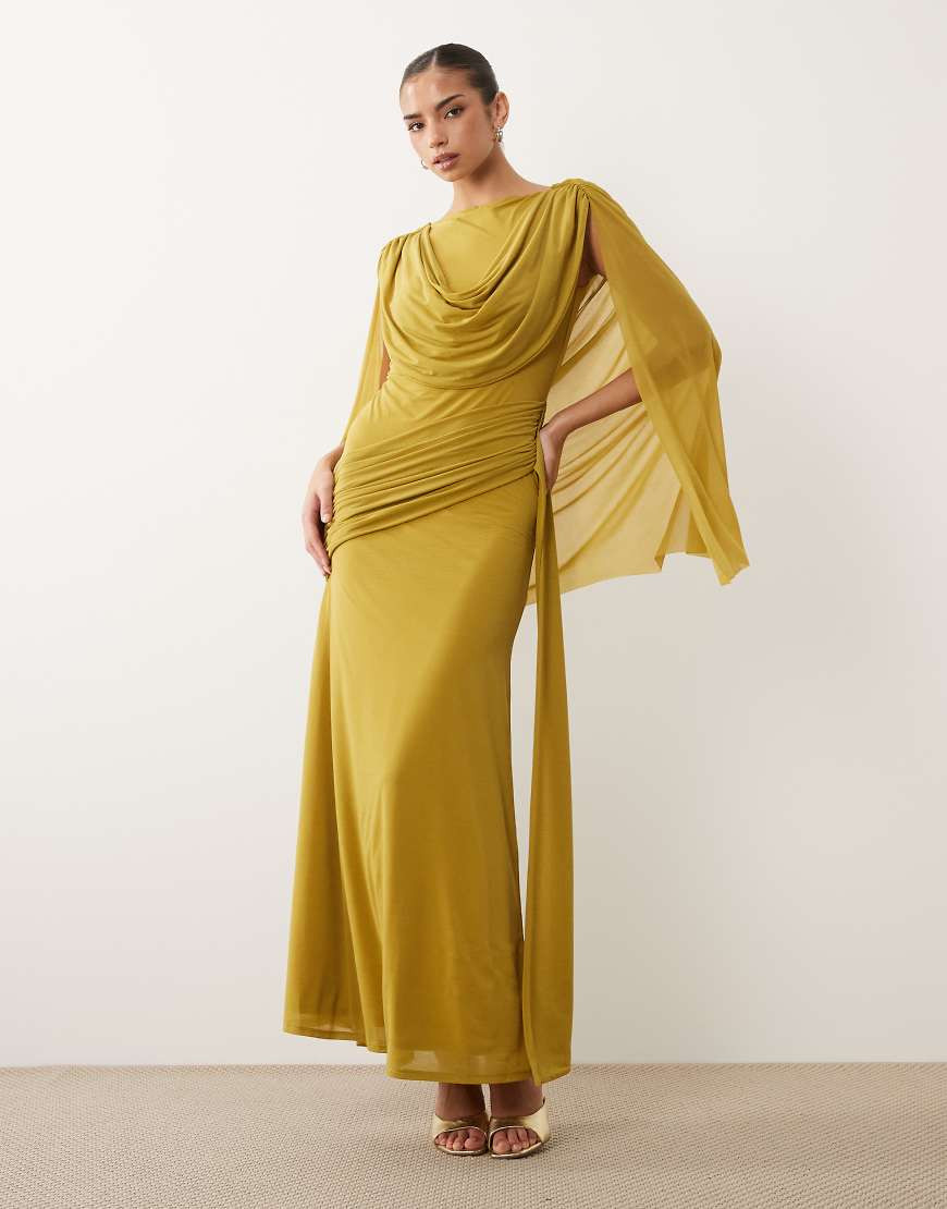 ASOS DESIGN stretch chiffon cape detail cowl maxi dress with sash detail in chartreuse-Blue | ASOS (Global)