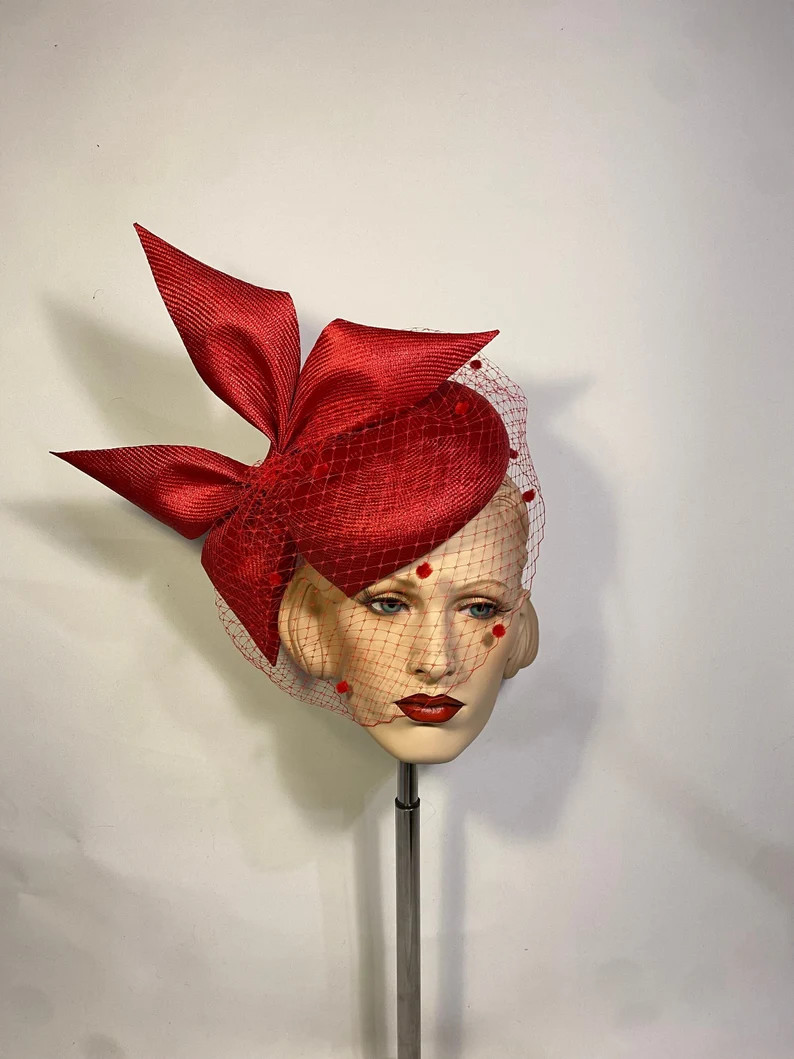 Couture red parasisal fascinator with bow and veil, headpiece, Kate Middleton style, millinery ve... | Etsy (US)