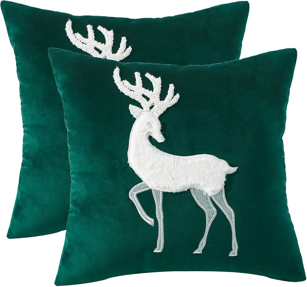 Tosleo Christmas Throw Pillow Cover 18 x 18 inch Set of 2 Green White Deer Velvet Pillow case Chr... | Amazon (US)