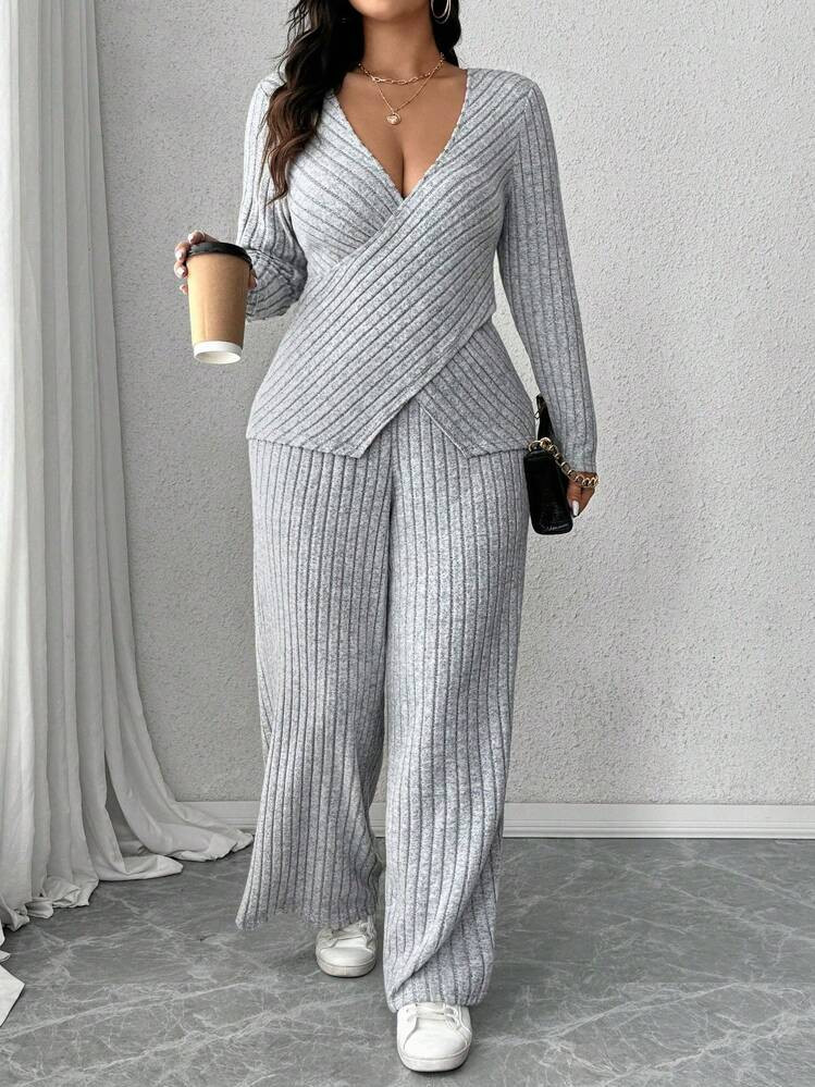 Plus Size Soft Knit Ribbed Fabric Criss-Cross Long Sleeve T-Shirt + Soft Ribbed Wide Leg Pants Ca... | SHEIN