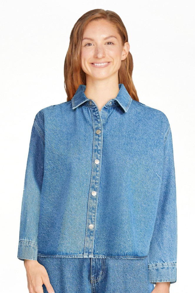 Scoop Women’s Rhinestone Embellished Cotton Denim Shirt with Long Sleeves, Sizes XS-4X | Walmart (US)
