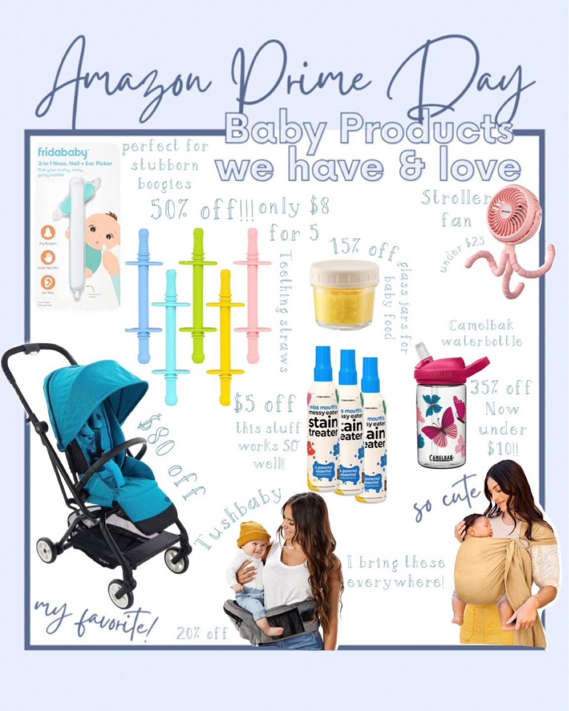 Amazon prime day! 

Baby products that we have and LOVE. I use all of these almost DAILY! 

Stroller
Ring sling by moby wrap
Baby carrier
Tushbaby
Teething straws
Baby food jars
Baby camelbak water bottle with straw
Frida baby nose nails ear picker
Stroller fan
Nontoxic Stain spray 

#LTKfamily #LTKkids #LTKxPrimeDay
