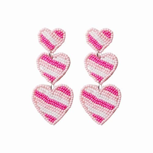 Handmade Pink White Striped Bead Heart Dangle Earrings for Women Valentine's Day Fashion Jewelry Gift for Party Wedding | Amazon (US)