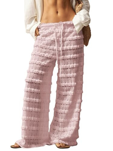 RoseSeek Women's Crochet Lace Pants Ruffle Layered Elastic Waist Mesh Bathing Suit Cover Up Beach Pants Pink XX-Small | Amazon (US)