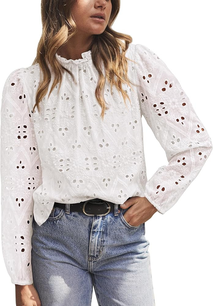PRETTYGARDEN Womens Blouses Dressy Casual Embroidered Long Puff Sleeve Shirts Ruffle Eyelet Lace ... | Amazon (US)