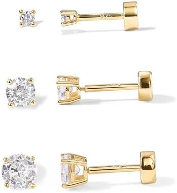 PAVOI 14K Gold Plated Solid 925 Sterling Silver Post Cubic Zirconia Stud Flat Back Earrings for W... | Amazon (US)