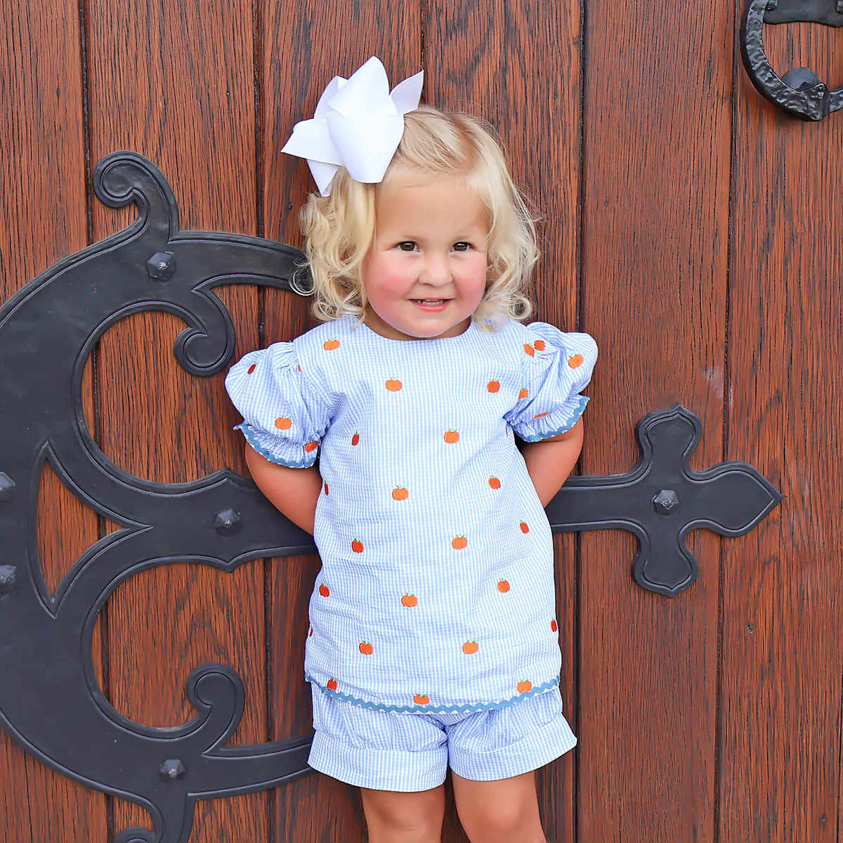 Pumpkin Schiffli Light Blue Gingham Eleanor Short Set | Classic Whimsy