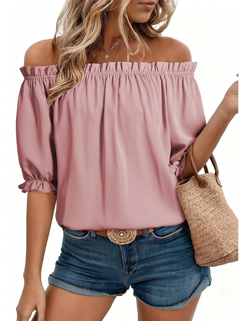 SHEWIN Womens Tops Summer Short Sleeve Off the Shoulder Shirts Casual Spring Cute Dressy Pleated ... | Walmart (US)