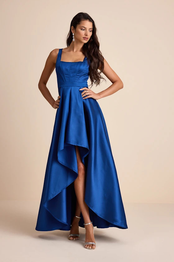 Wisola Blue Taffeta Pleated Corset High-Low Maxi Dress | Lulus