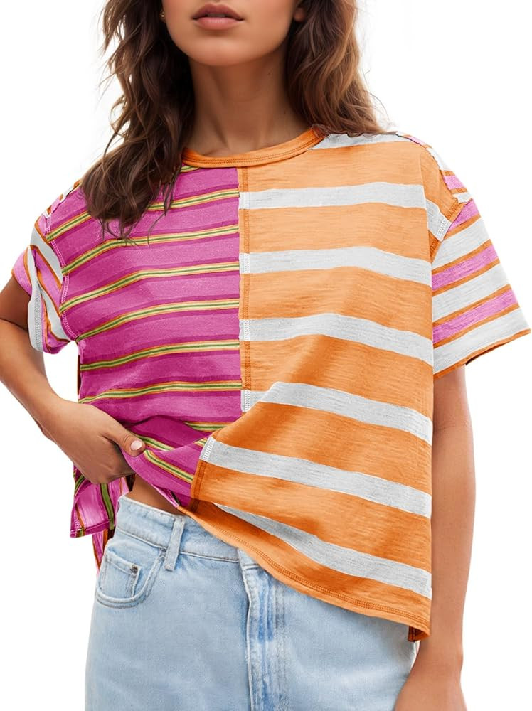 Tankaneo Womens Summer Striped Shirts Casual Color Block Short Sleeve Tops Loose Fit Crew Neck Te... | Amazon (US)