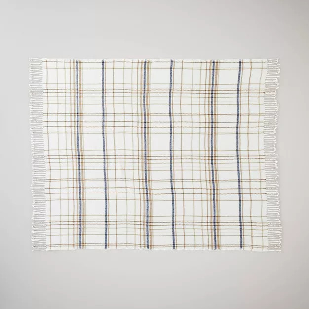 Thin Stripe Plaid with Twisted Fringe Throw Blanket Cream/Navy/Brown - Hearth & Hand™ with Magn... | Target