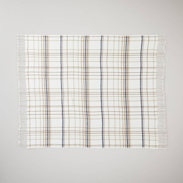 Thin Stripe Plaid with Twisted Fringe Throw Blanket Cream/Navy/Brown - Hearth & Hand™ with Magn... | Target