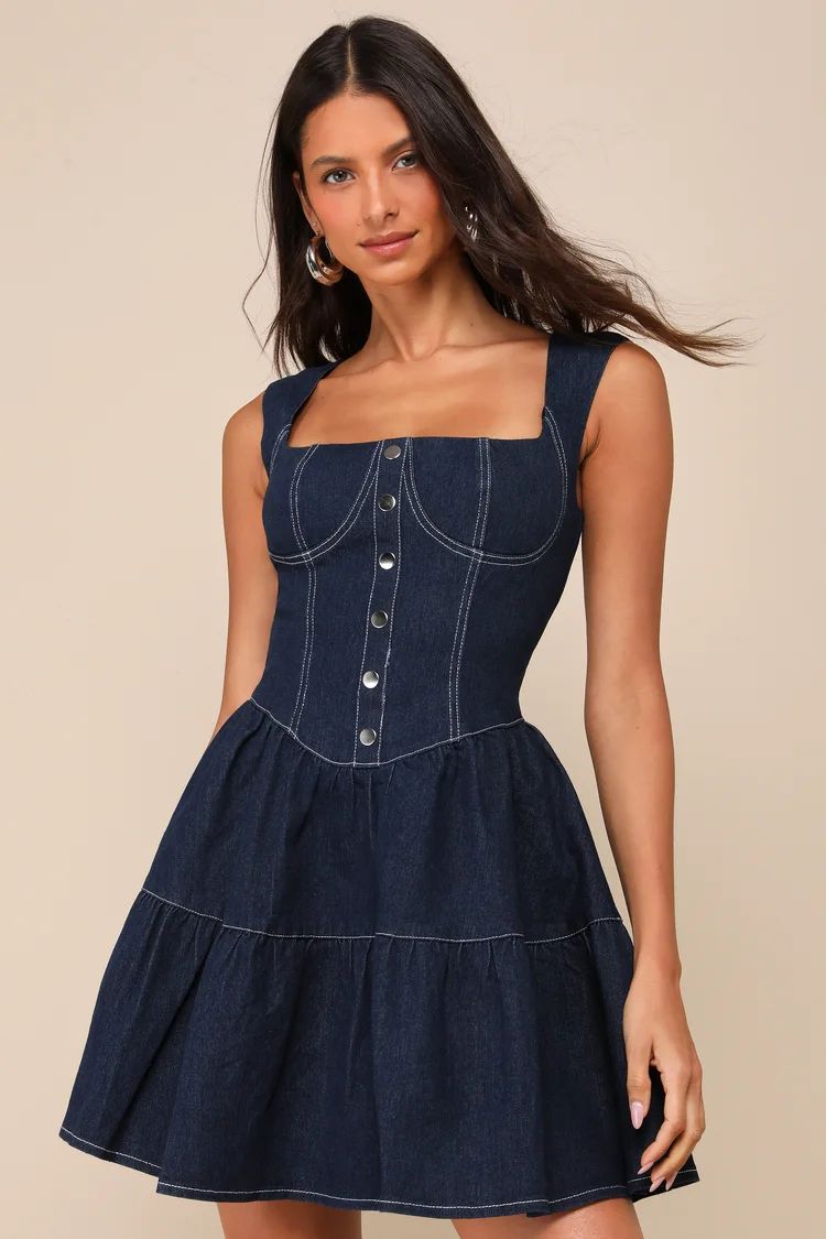 Trending Darling Dark Wash Denim Tiered Bustier Mini Dress | Lulus