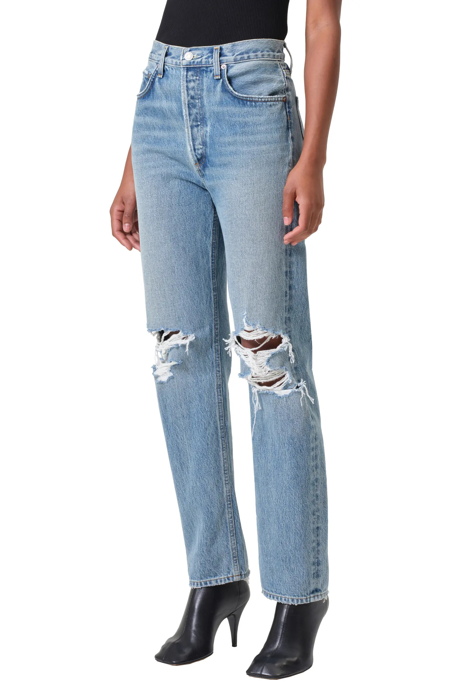 '90s Pinch Waist Ripped High Waist Straight Leg Jeans | Nordstrom