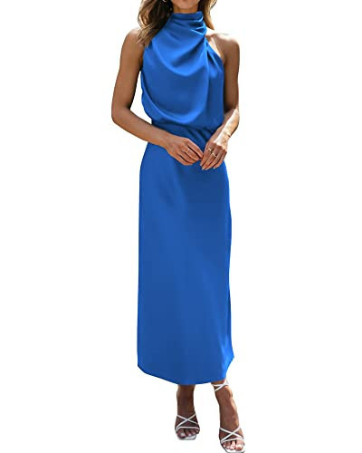 BTFBM Women Sleeveless Cocktail Dresses Fall Mock Neck Keyhole Elastic High Waist Evening Party Maxi Wedding Guest Dress(Brilliant Blue, XX-Large) | Amazon (US)