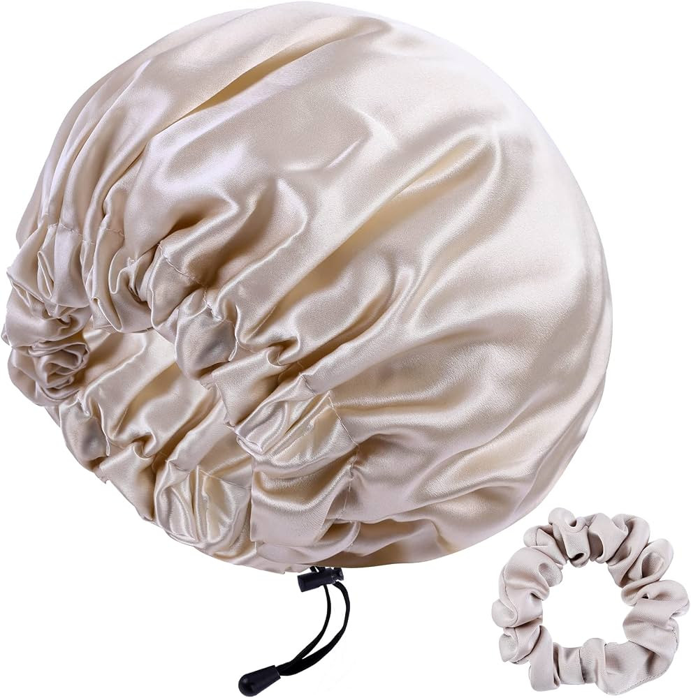 22 Momme 100% Mulberry Silk Bonnet Hair Wrap for Sleeping, Adjustable Silk Scrunchies Sleep Cap f... | Amazon (US)