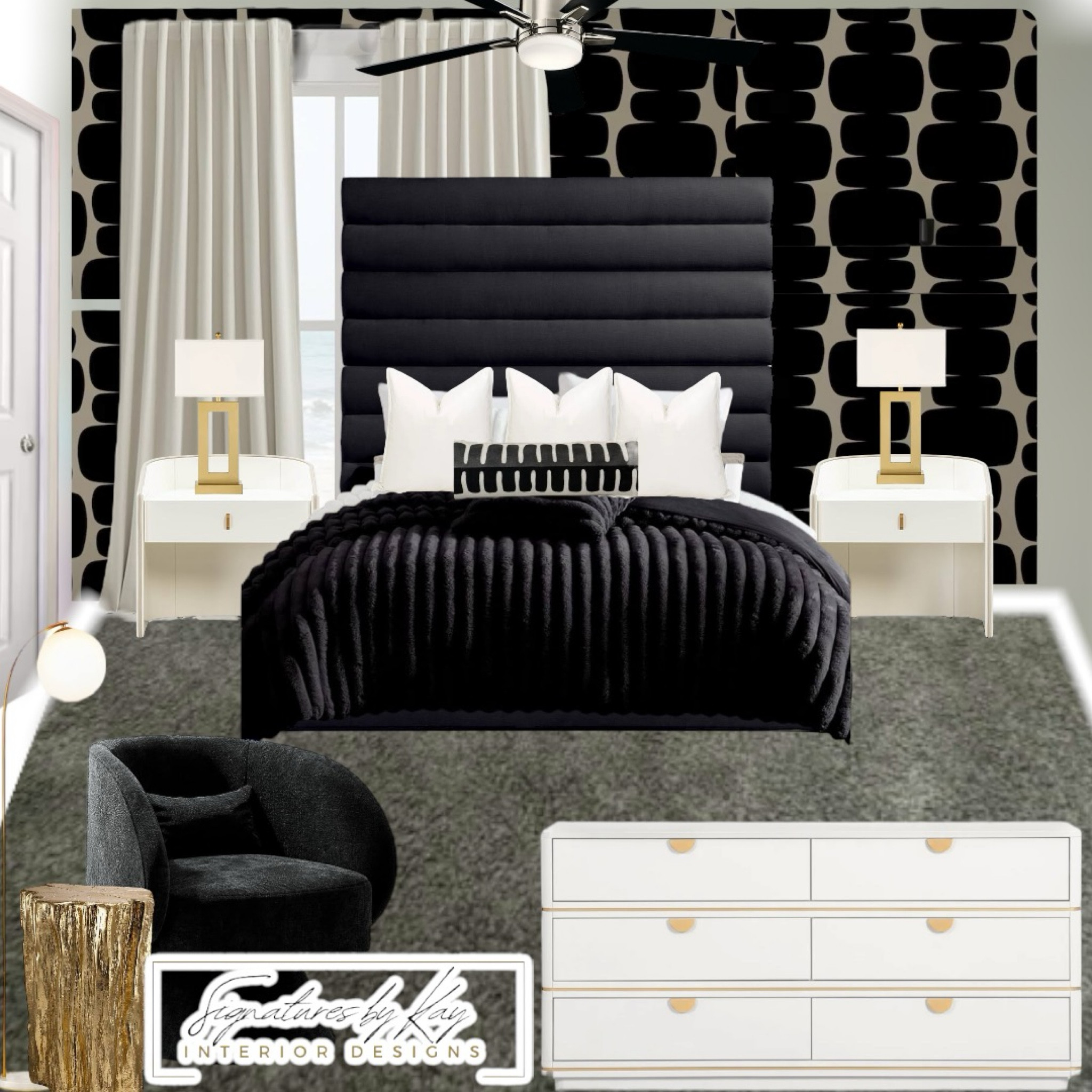 Virtual Design Approved ✅ A modern, monochromatic bedroom design with a bold black and white color palette, featuring a tall, upholstered headboard, geometric wallpaper, gold-accented lamps, and sleek white furniture pieces, designed by @signaturesbykay 

#ModernBedroomDesign #LuxuryInteriors #BlackAndWhiteAesthetic
#BoldBedroomDecor #SignaturesByKay
#MonochromeElegance #InteriorDesignInspo
#LuxuryLiving #StatementBedroom #ChicHomeDecor

#LTKHome #LTKFamily #LTKStyleTip