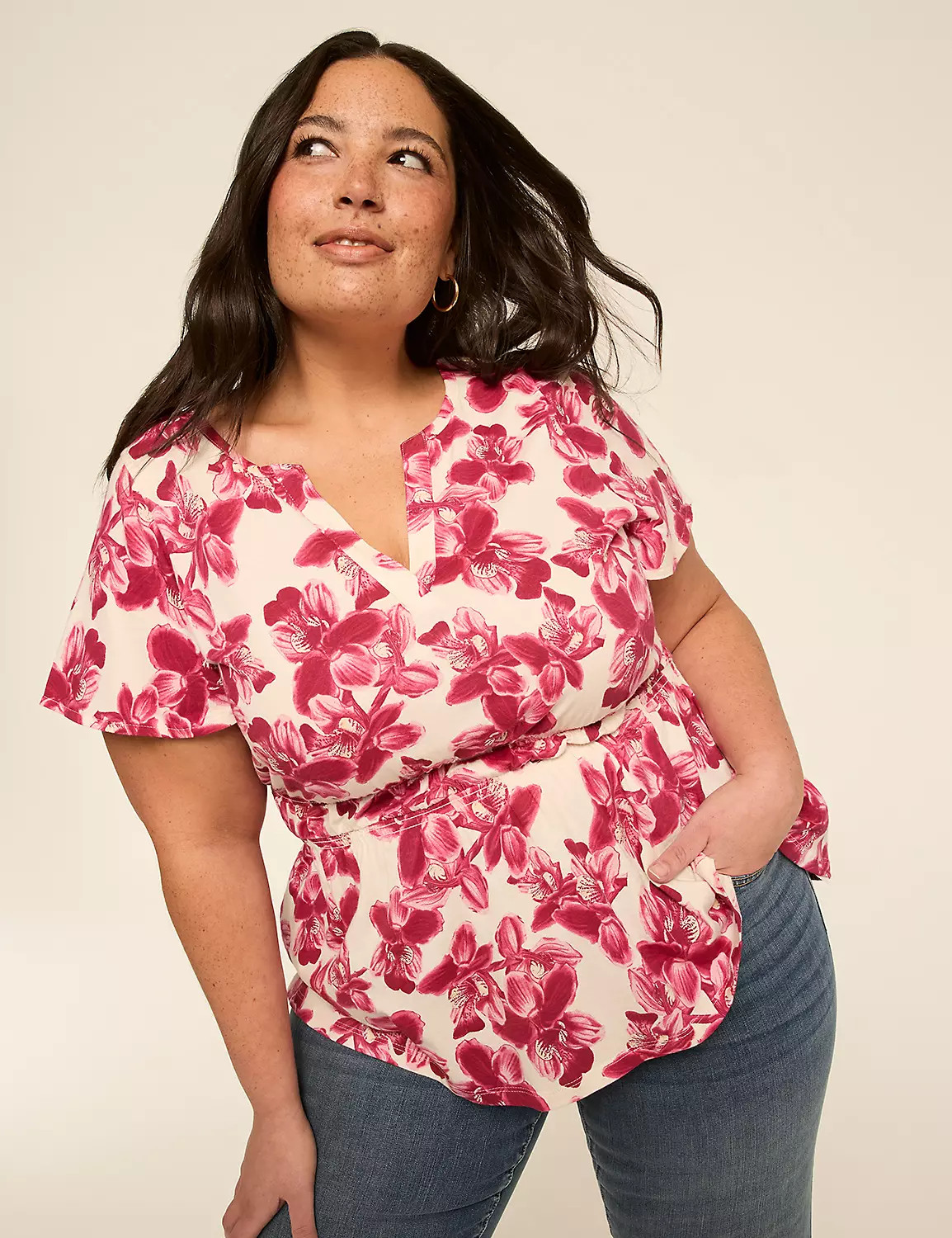 Short-Sleeve Notch-Neck Peplum Top | Lane Bryant (US)