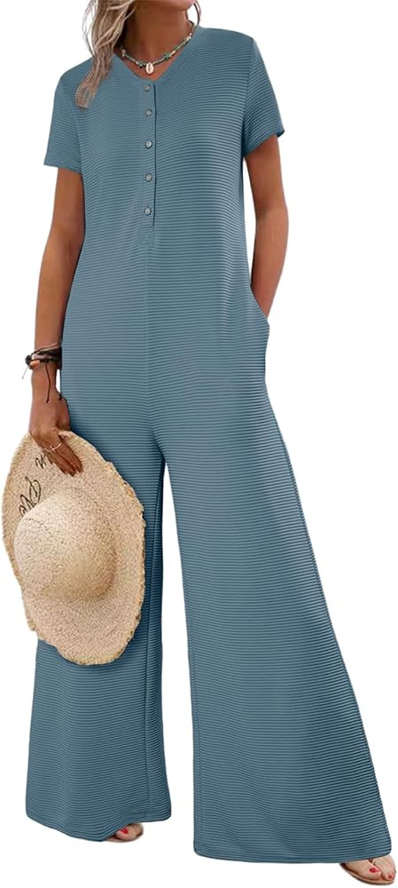 BLENCOT Casual Striped Short Sleeve Jumpsuits Rib Knit Wide Leg Romper Comfy Button Down Rompers | Amazon (US)
