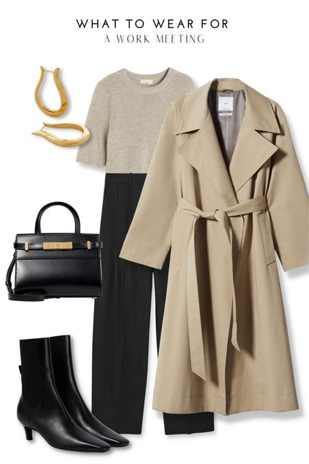 A smart neutral look for the office 🫶 a trench coat, beige knitted top, black tailored trousers, heeled boots & chic saint Laurent top handle bag 💼 

#LTKSeasonal #LTKitbag #LTKworkwear