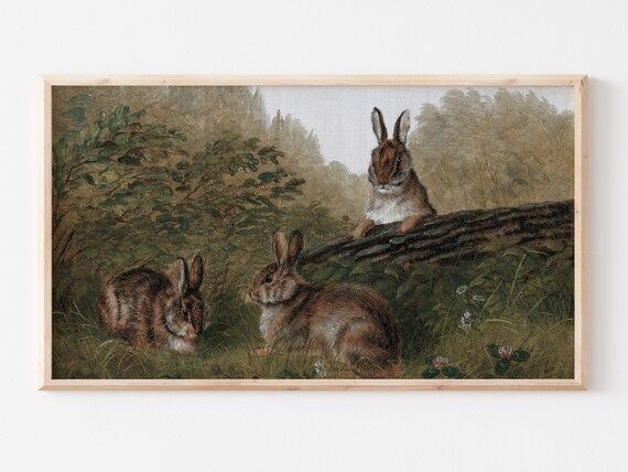 Samsung Frame TV Art | Vintage Bunny Rabbit Landscape Drawing | Easter Spring Art | Greens & Blue... | Etsy (US)