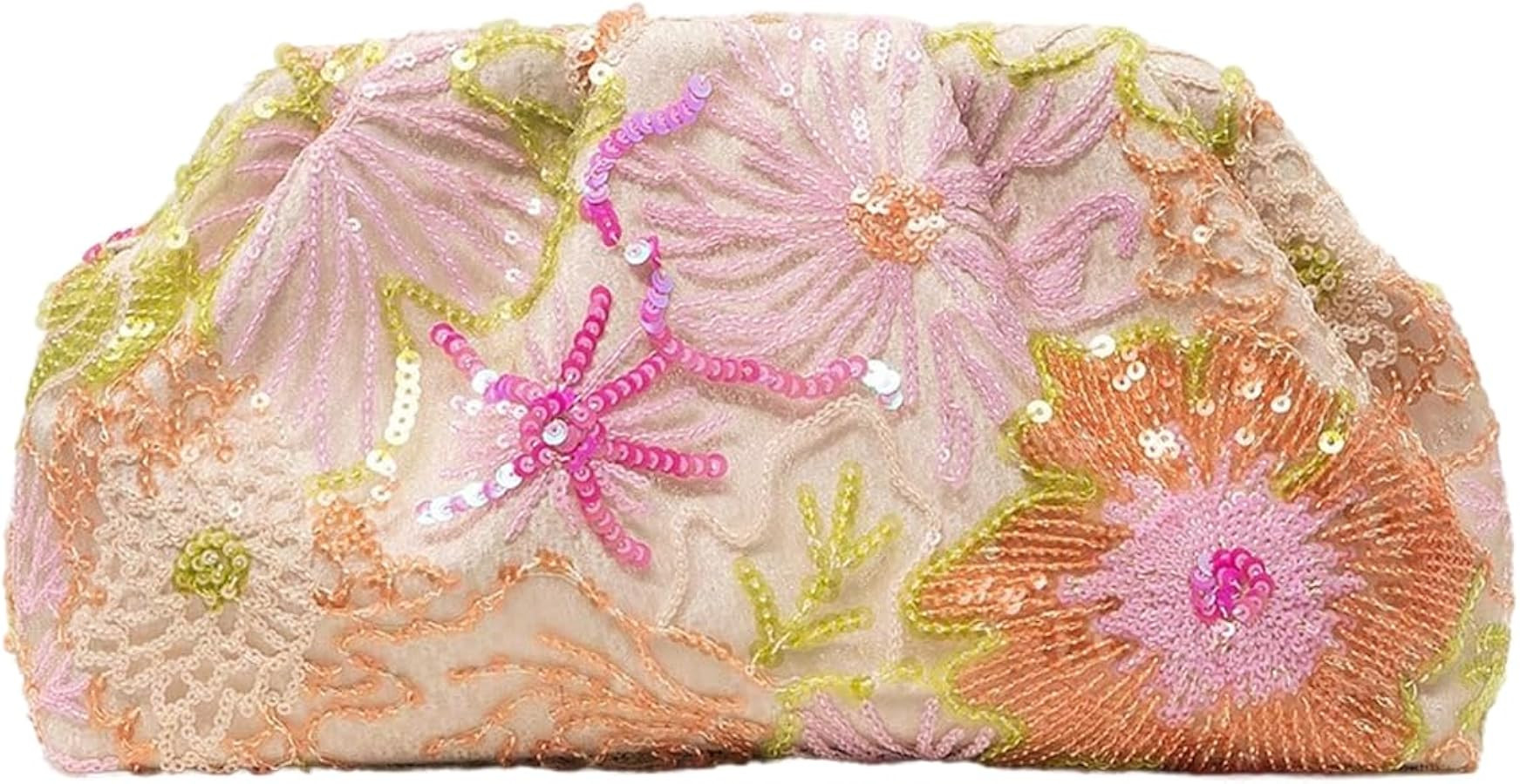 OYOANGLE Women's Sequin Floral Embroidered Clutch Purses Elegant Ruched Evening Party Handbag | Amazon (US)