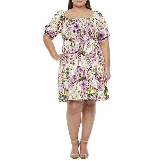 Melonie T-Plus Short Sleeve Floral Fit & Flare Dress with Coordinating Face Mask | JCPenney
