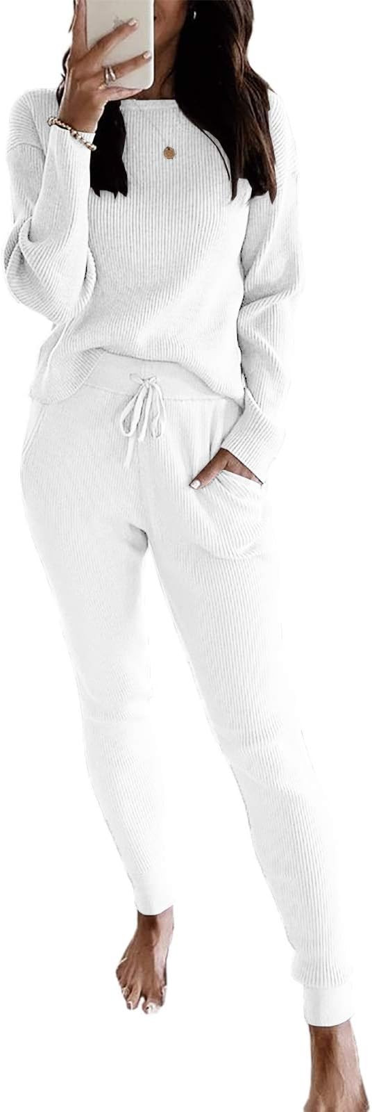 Eurivicy Women's Fall Rib Knit 2 Piece Outfit sets Long Sleeve Pullover Sweater Top and Drawstrin... | Amazon (US)