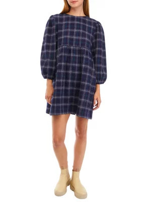 TRUE CRAFT Women's Plaid Babydoll Dress, Navy Blue, Large | Belk