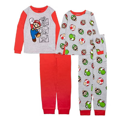Super Mario Little/Big Boys' 4-Piece Cotton Pajama Set, Red/Grey, 4 | Target