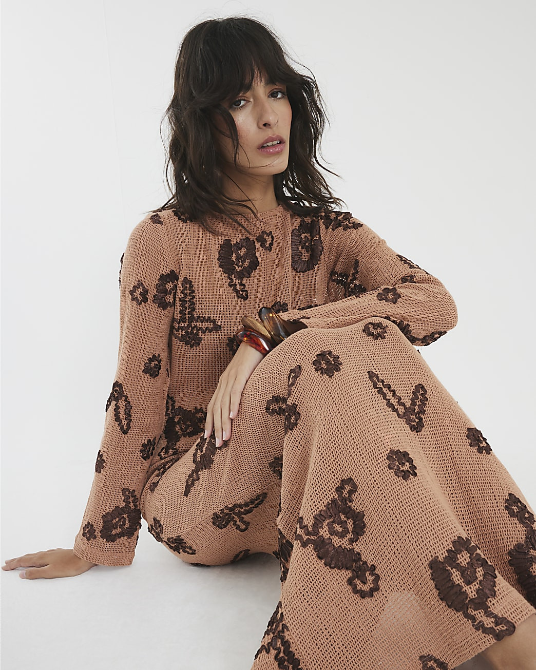 Brown Embroidered Crochet Midi Beach Dress | River Island UK & IE