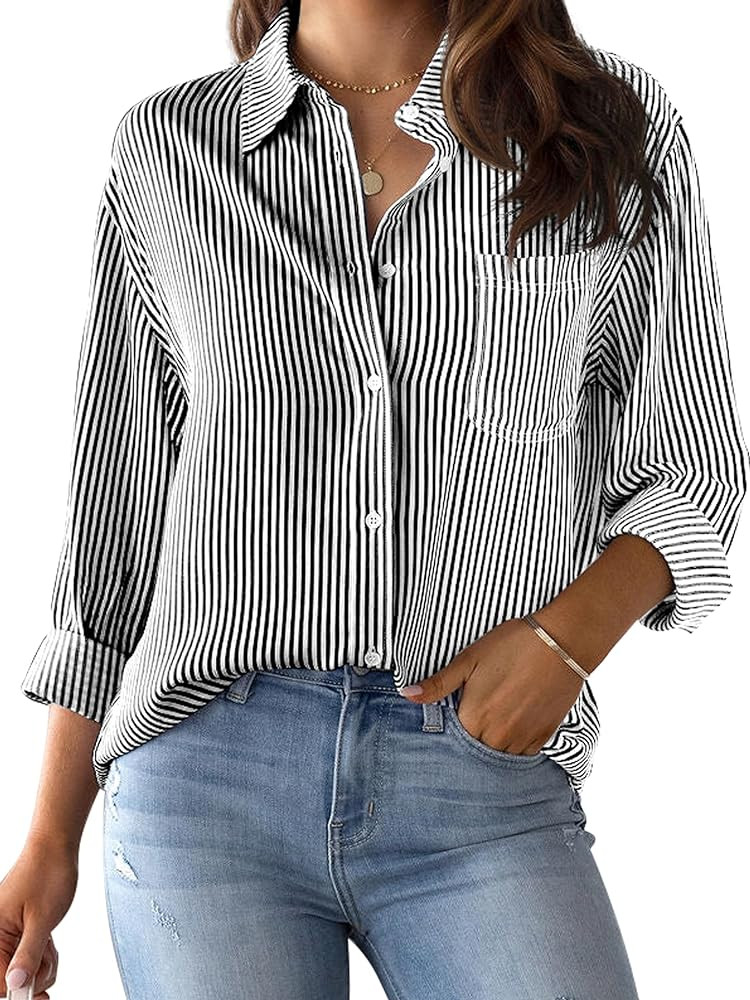 CUNLIN Grade 4 Wrinkle-Resistant Women's Button Down Shirts Striped Long Sleeve Collared Blouses ... | Amazon (US)