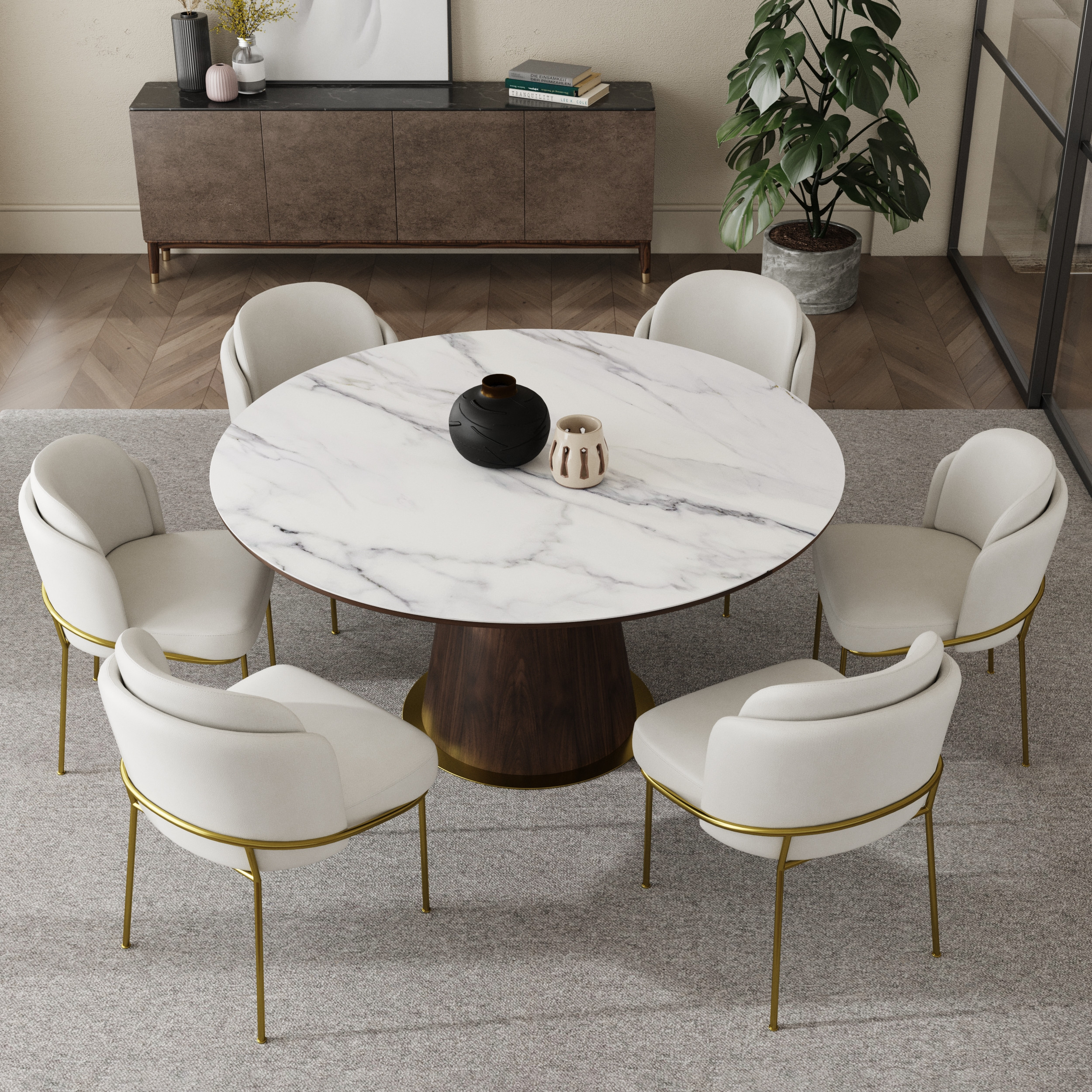 59"" Round Marble Dining Table Sintered Stone Top for 6 Person Mid-Century Modern | Homary