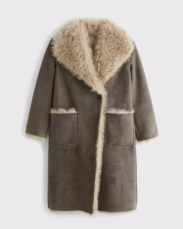Women's Vegan Suede Shearling Reversible Coat | Women's Clearance | Abercrombie.com | Abercrombie & Fitch (US)