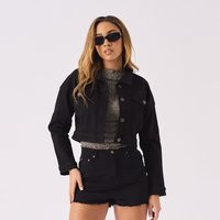 Black Cropped Denim Jacket Trucker Style With Gold Buttons | Etsy (US)