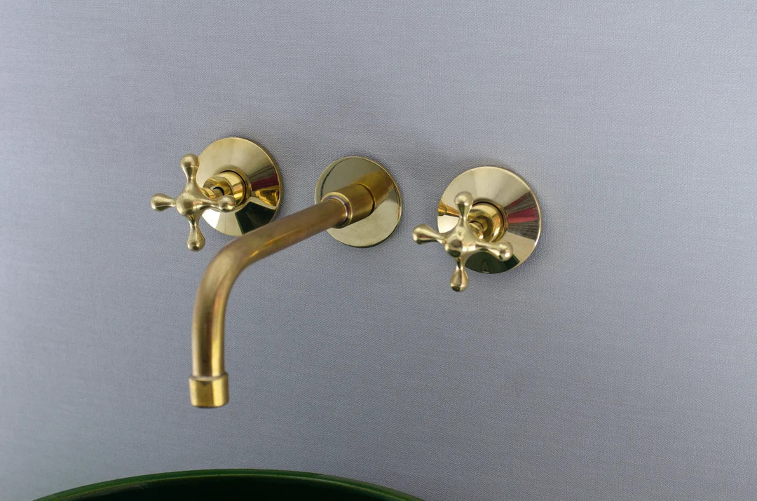 Unlacquered Brass Wall Mounted Bathroom Vessel Sink, Built In Vanity Faucet With simple Cross Han... | Etsy (US)