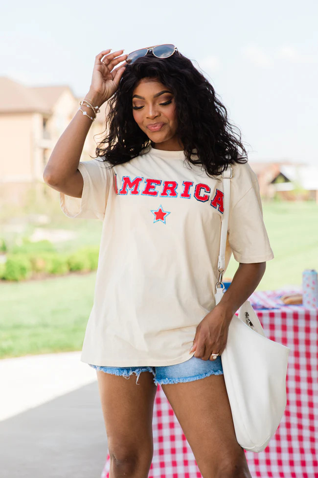 America Star Chenille Ivory Graphic Tee | Pink Lily