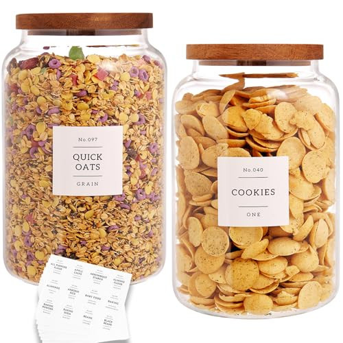 CZHQSMZ Set of 2 Large Glass Flour and Sugar Containers with 132 Pantry Labels - Glass Food Storage Jars with Airtight Bamboo Lid for Flour Pasta Candy Coffee Cookie and More(1 Gallon/4000 ml) | Amazon (US)