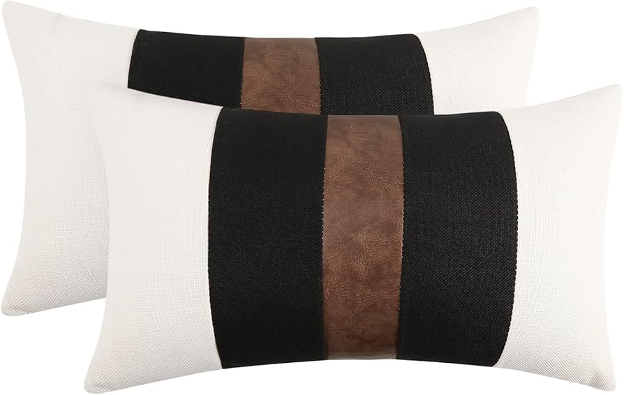 JASEN Set of 2 Faux Leather and Linen Lumbar Pillow Covers 12x20 Inch Black and White Modern Farm... | Amazon (US)