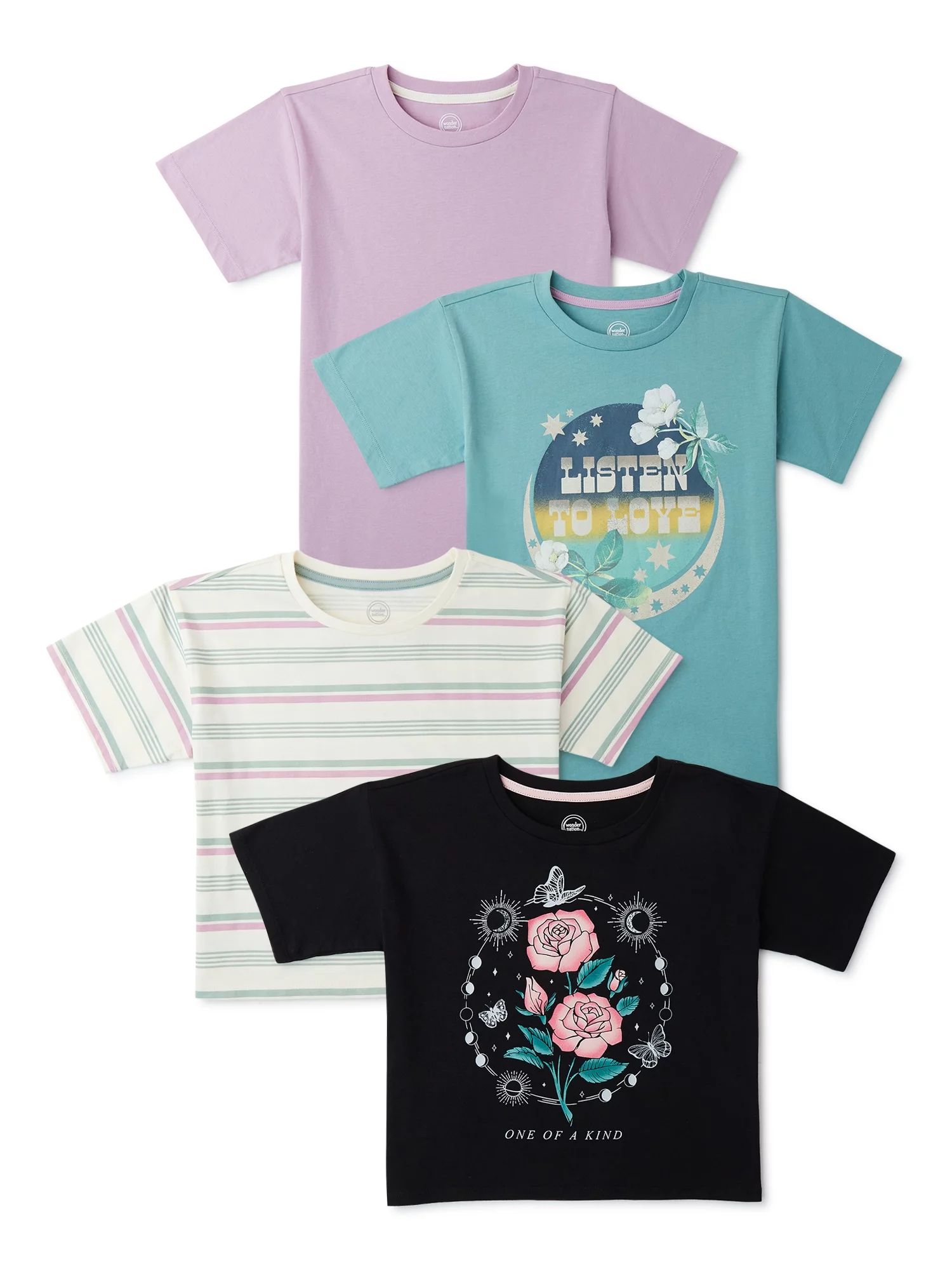 Wonder Nation Girls' Graphic, Stripe, and Solid Tees, 4-Pack, Sizes 4-18 & Plus | Walmart (US)