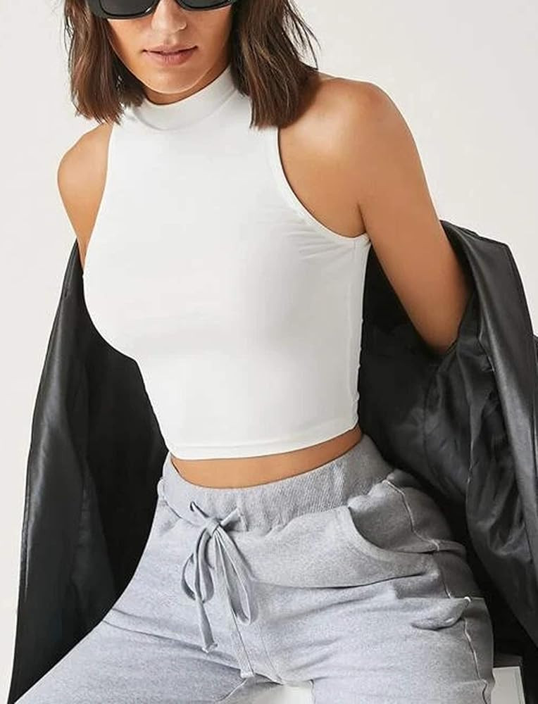 SAFRISIOR Women Turtle Neck Crop Tank Tops Basic Solid Sleeveless Gym Running Workout Cropped Vest T | Amazon (US)