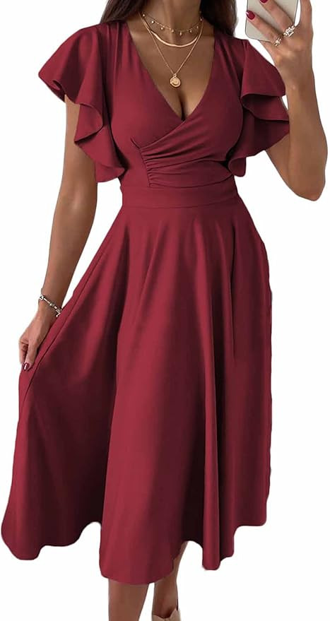 PRETTYGARDEN Summer Midi Dress 2025 Spring Ruffle Sleeve V Neck Cocktail Wedding Guest A Line Fit... | Amazon (US)